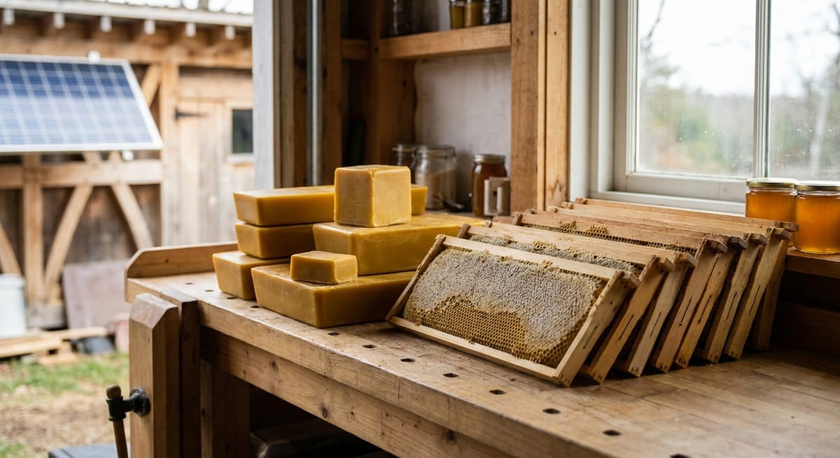beeswax production on an off-grid homestead — golden wax blocks and honeycomb frames