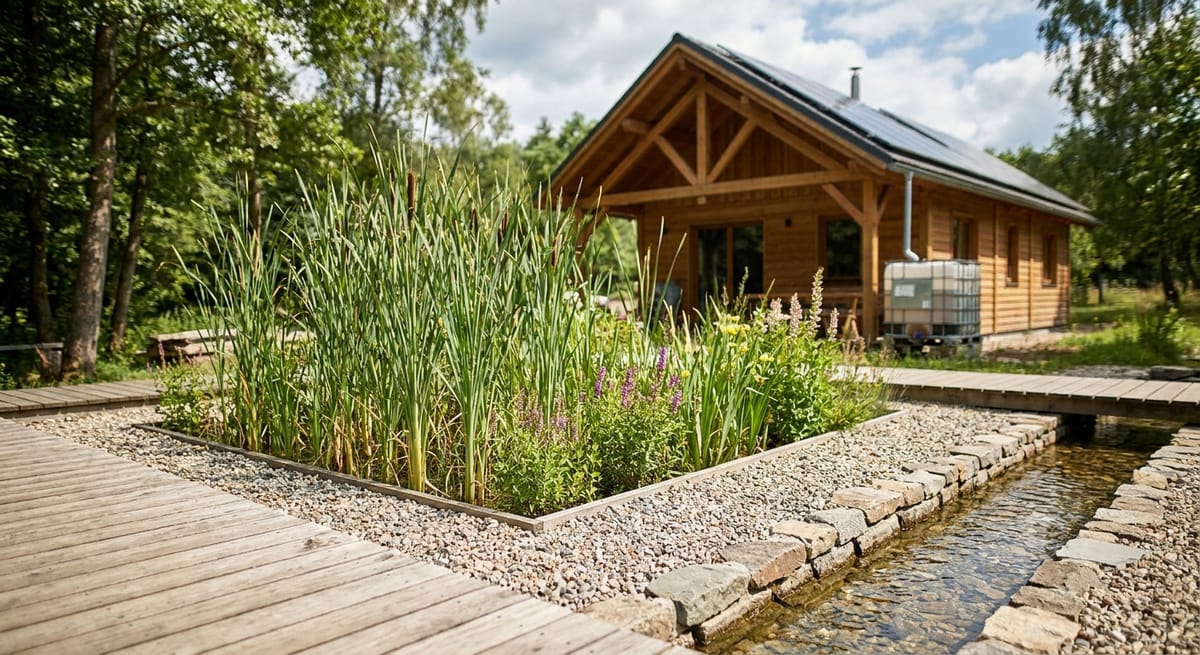 constructed wetland reed bed greywater treatment system on off-grid homestead