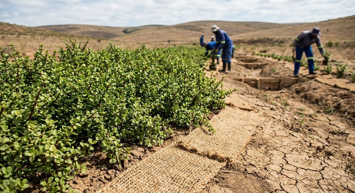 Dense Spekboom thicket covering degraded veld, showing soil restoration underway