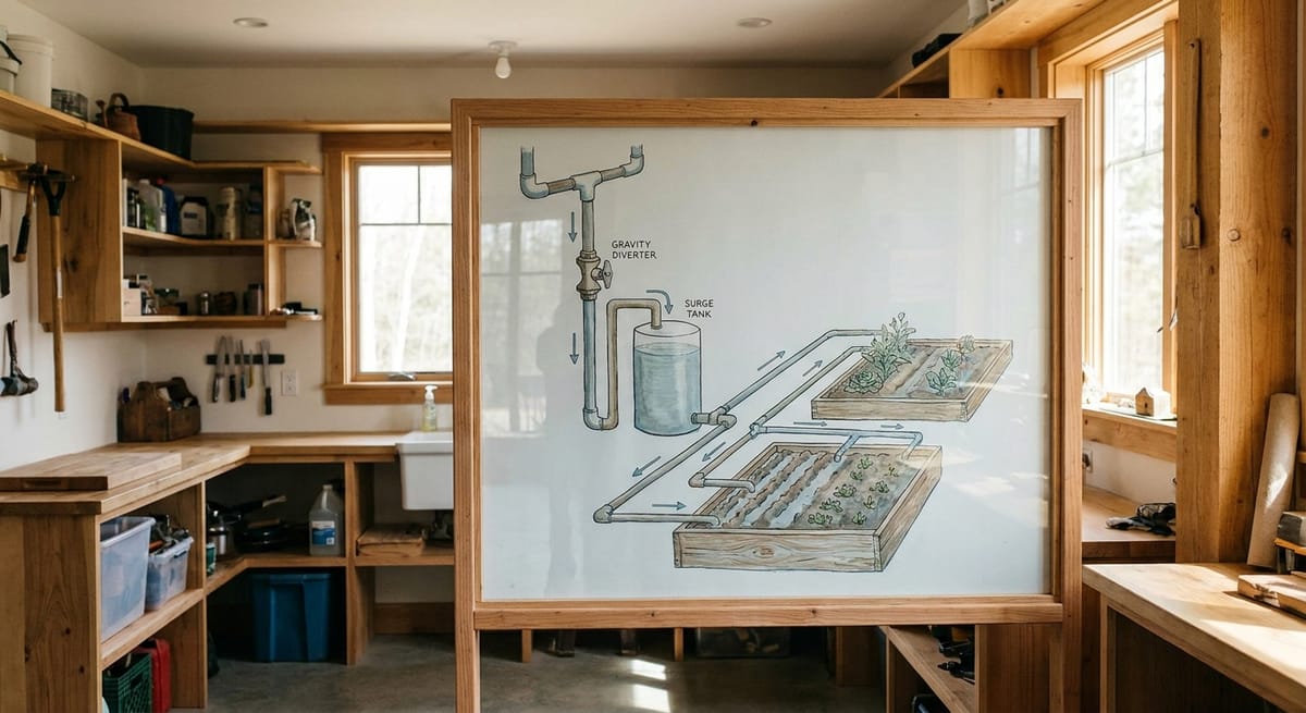 grey water systems overview for off-grid homestead with gravity diverter and surge tank diagram