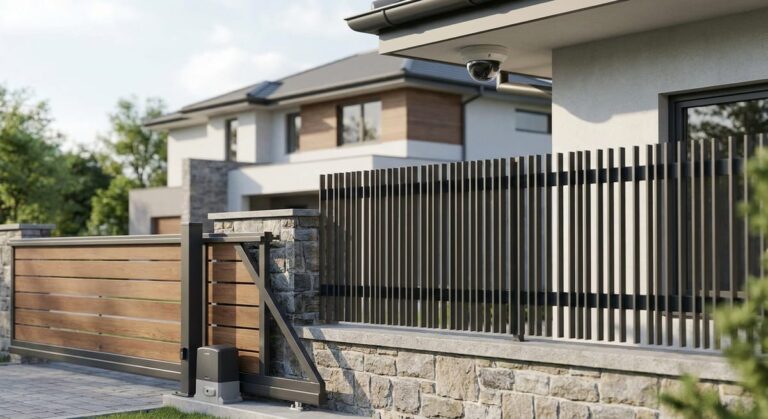 Home security running costs breakdown — electric fence, CCTV cameras, and gate motor on a suburban property