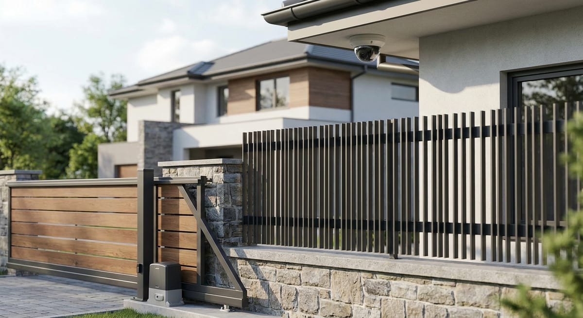 Home security running costs breakdown — electric fence, CCTV cameras, and gate motor on a suburban property