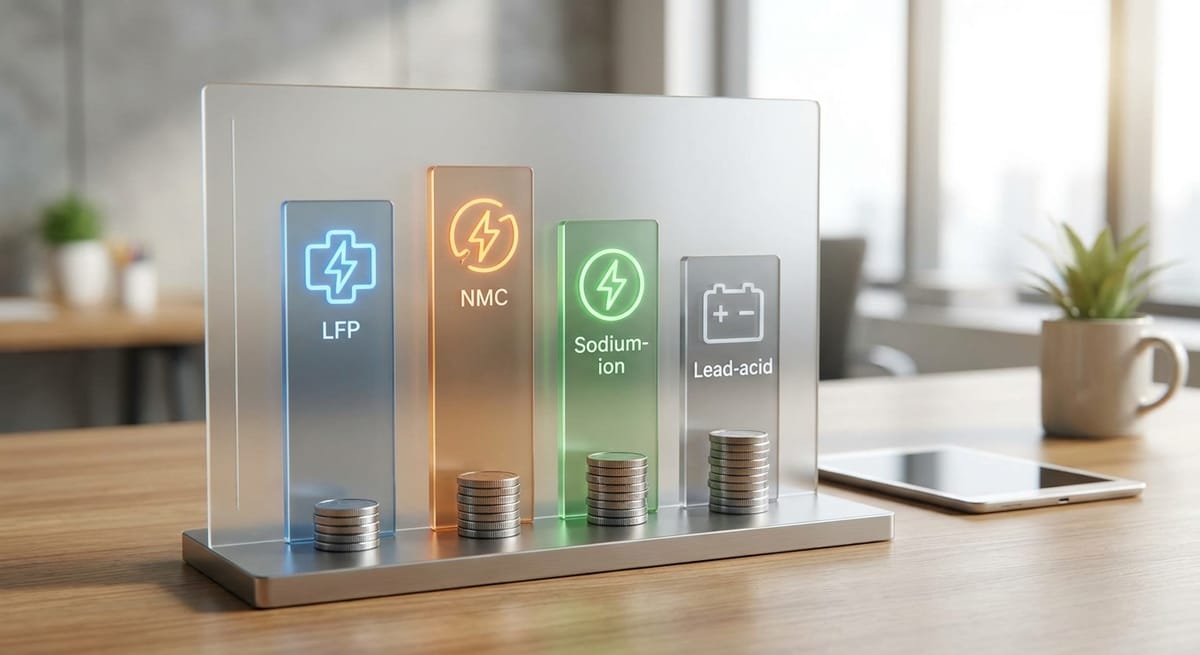 Levelized cost of battery storage comparison chart across LFP, NMC, sodium-ion and lead-acid chemistries