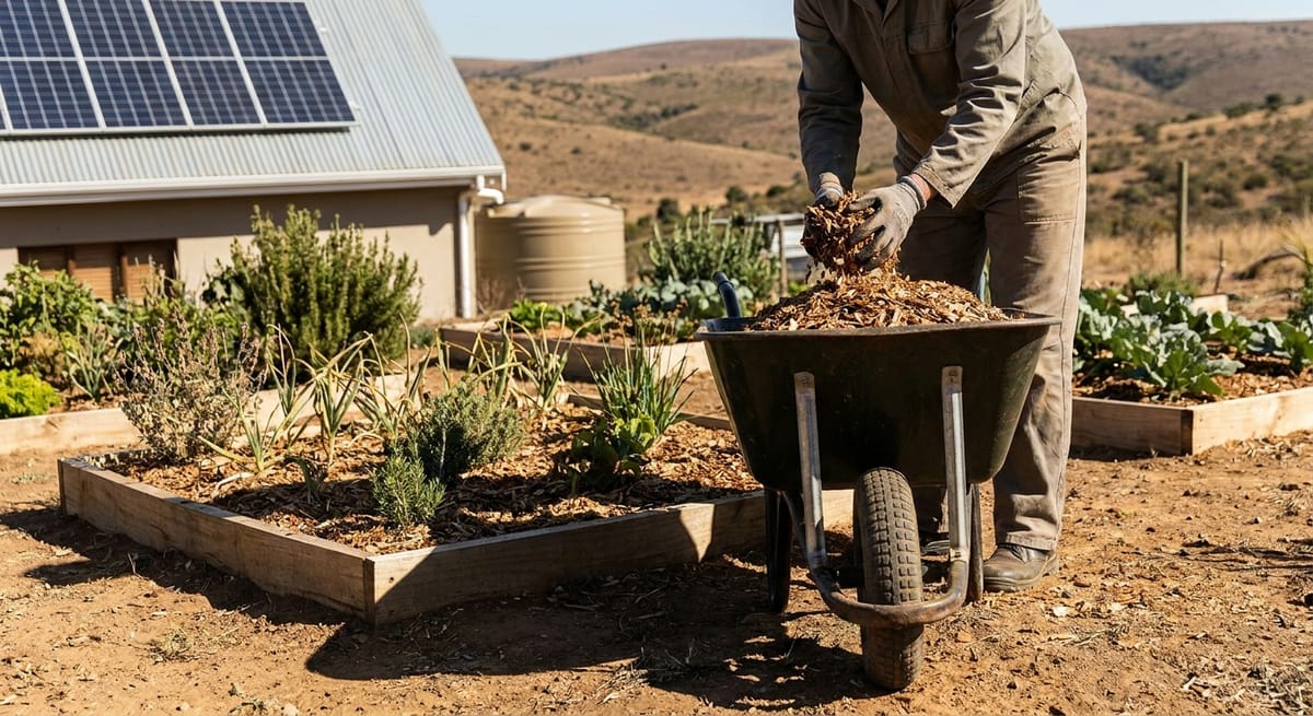 mulching off-grid homestead beds with woodchips in South Africa