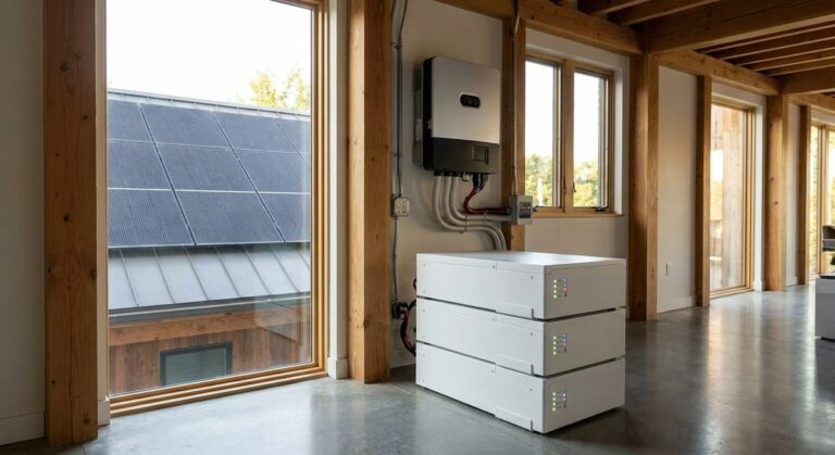 Off grid backup power system with solar panels, LiFePO4 batteries and hybrid inverter installed in a home