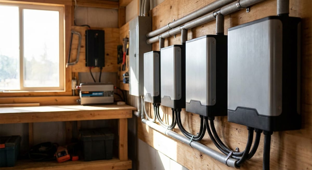 Off-grid LFP battery bank installation showing wall-mounted lithium iron phosphate units