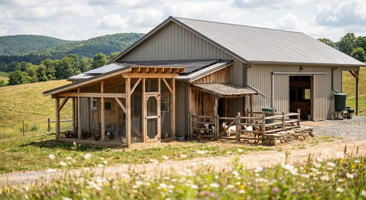 off-grid livestock housing with chicken coop, goat pen, and barn on a homestead property