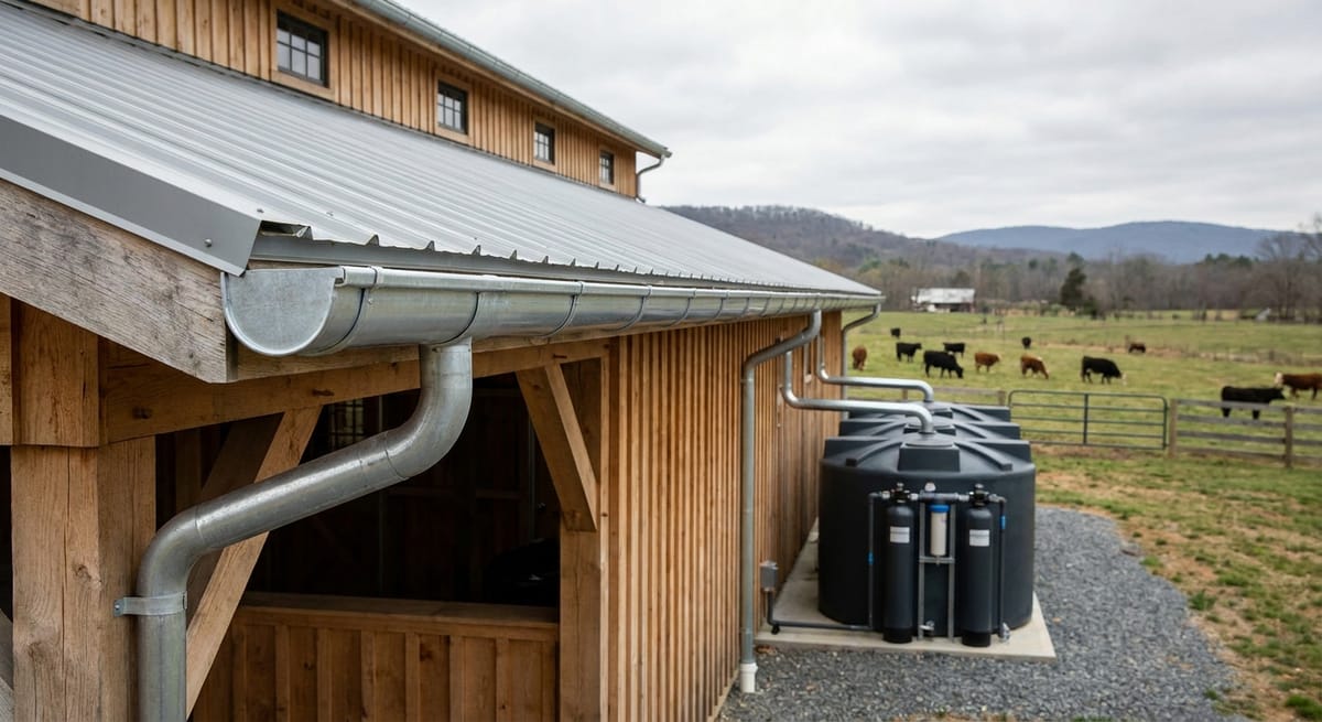 rainwater harvesting system on a barn roof for off-grid livestock housing water supply