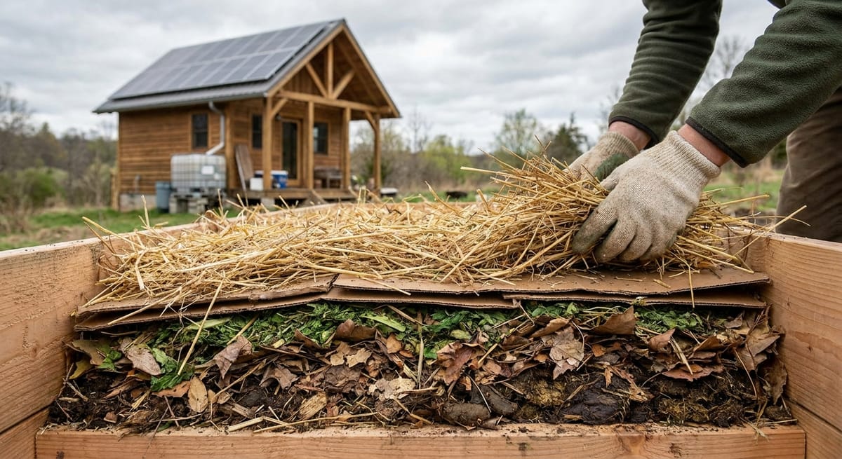 sheet mulching lasagna garden layers on off-grid homestead