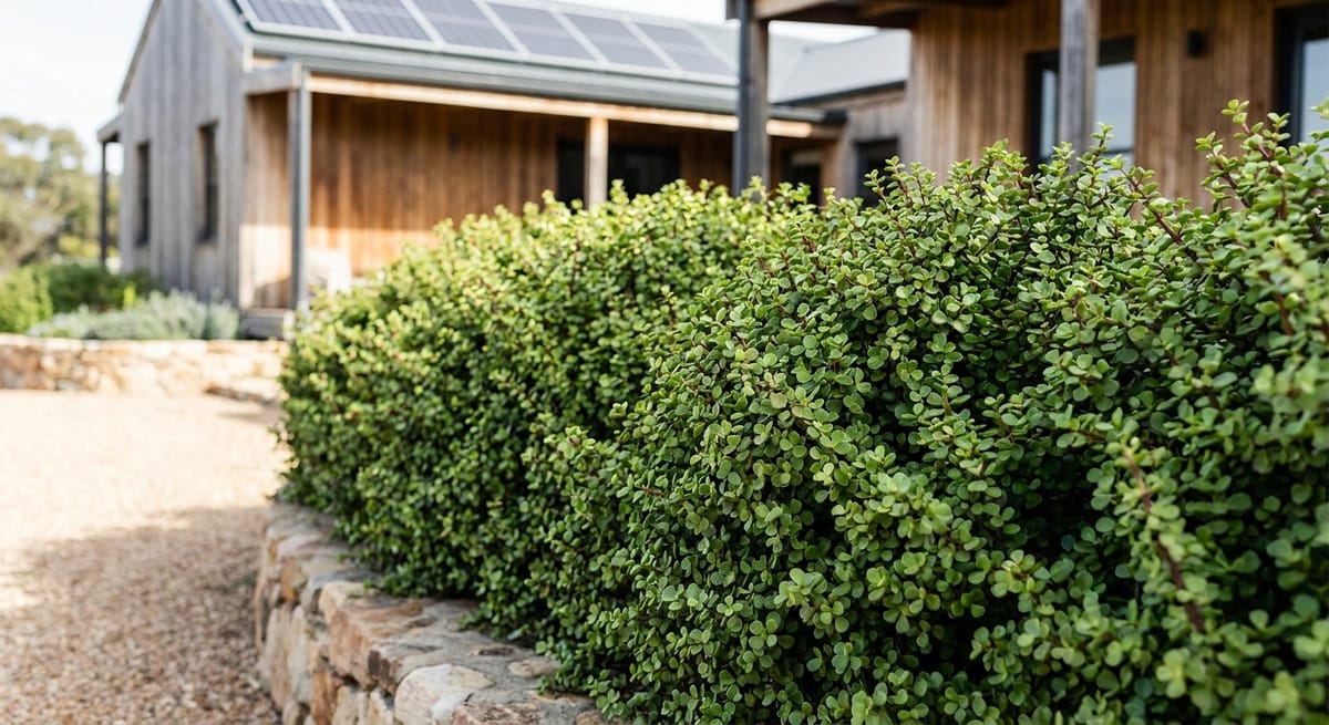 Spekboom plant growing as a dense living hedge on an off-grid homestead