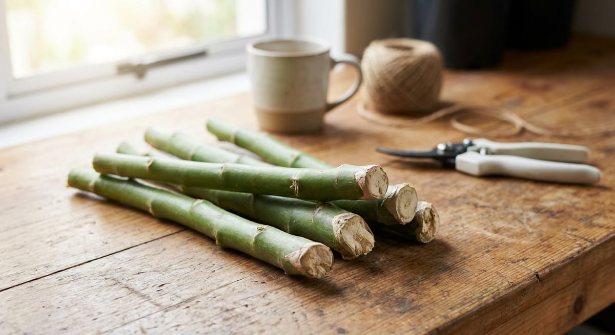 Spekboom truncheons callusing before propagation on a homestead workbench