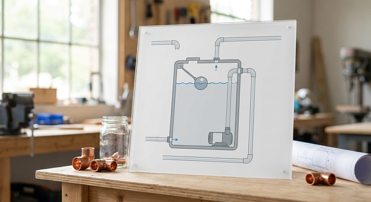 surge tank grey water system diagram showing float switch and submersible pump layout