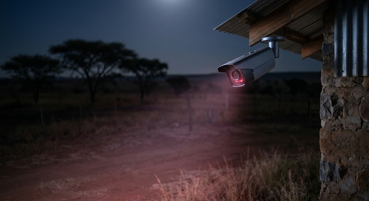 Security camera with infrared night vision under farmhouse eaves at night