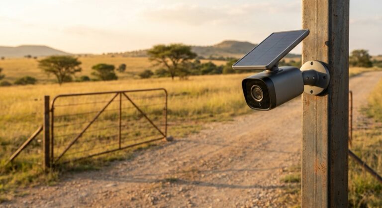 Solar-powered 4G security camera on a pole overlooking a farm gate